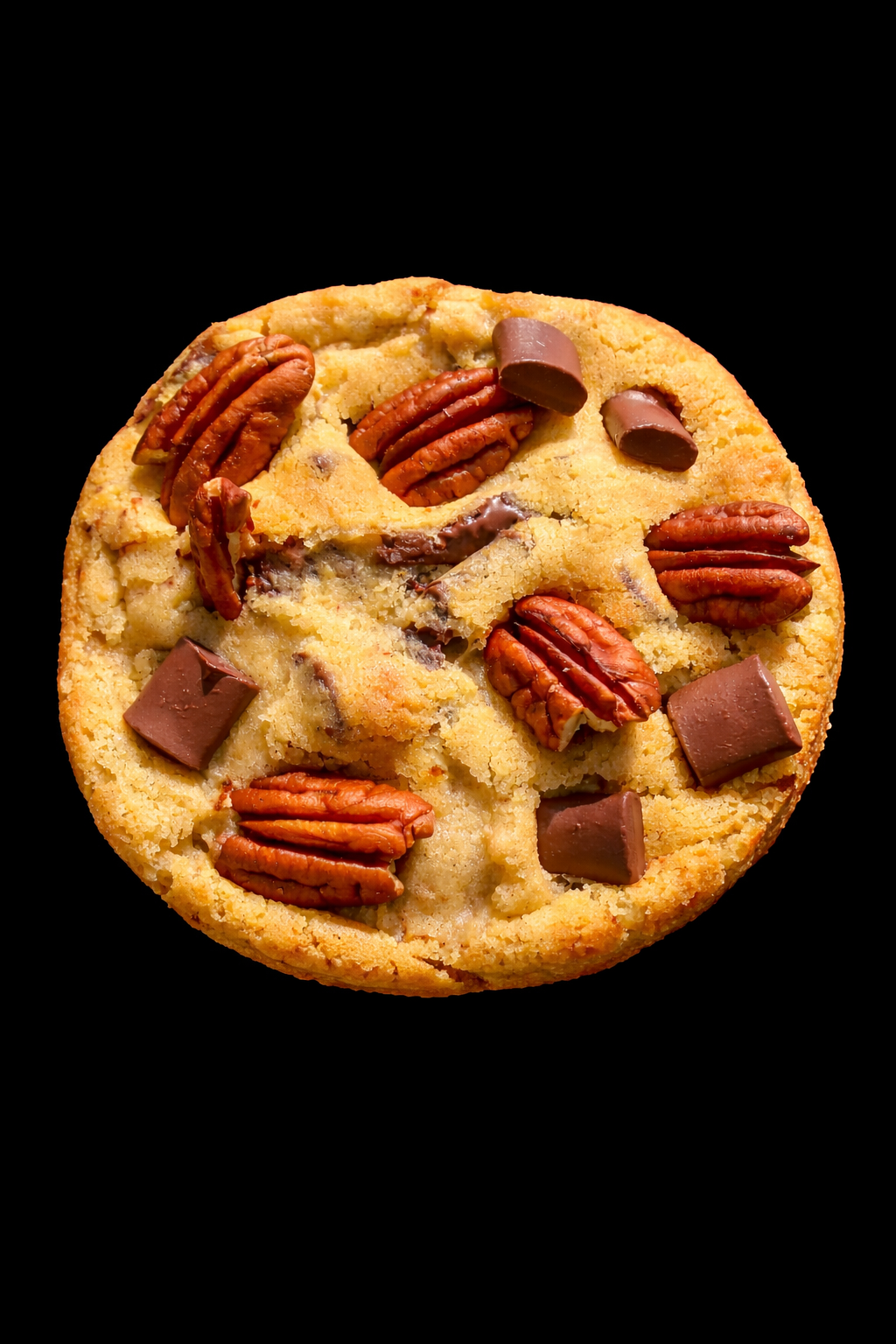 Cookie with pecans and chocolate chips on a black background