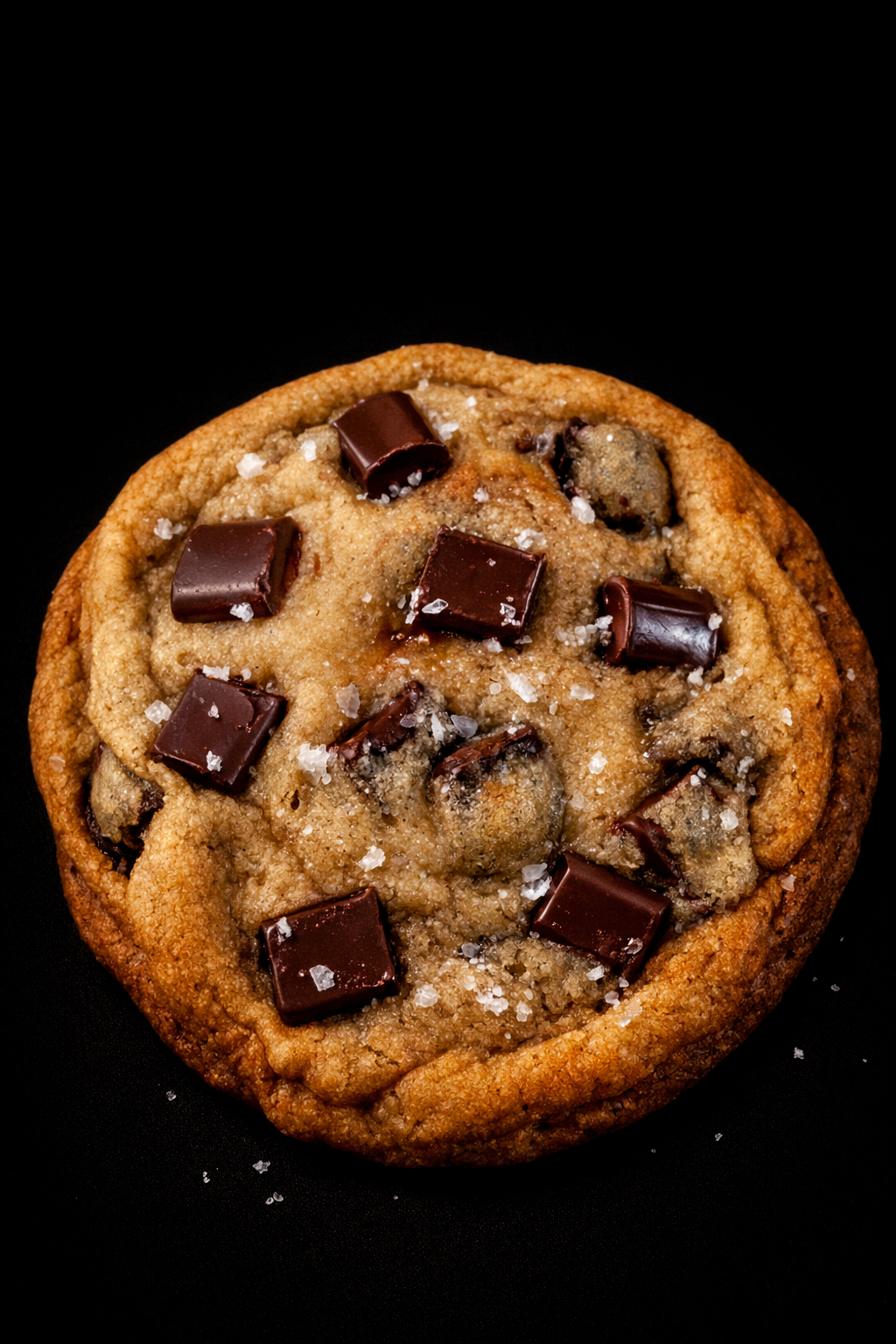 Chocolate chip cookie with sea salt on a black background